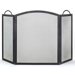 3-Panel Black Wrought Iron Embossed Arched Fireplace Screen