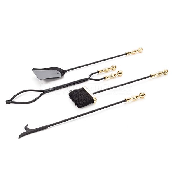 4 Piece Black & Brass Plated Fireplace Tool Set - Round image number 1