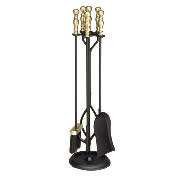 Black & Antique Brass Plated 4 Piece  Fireplace Tool Set image number 0