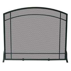Single Panel Black Iron Fireplace Screen with Mission Design