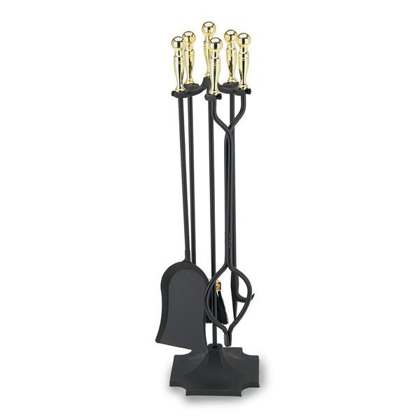 Polished Brass Plated 5 Piece Fireplace Tool Set with Square Base image number 0