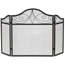 Three-Fold Arched Black Wrought Iron Fireplace Screen
